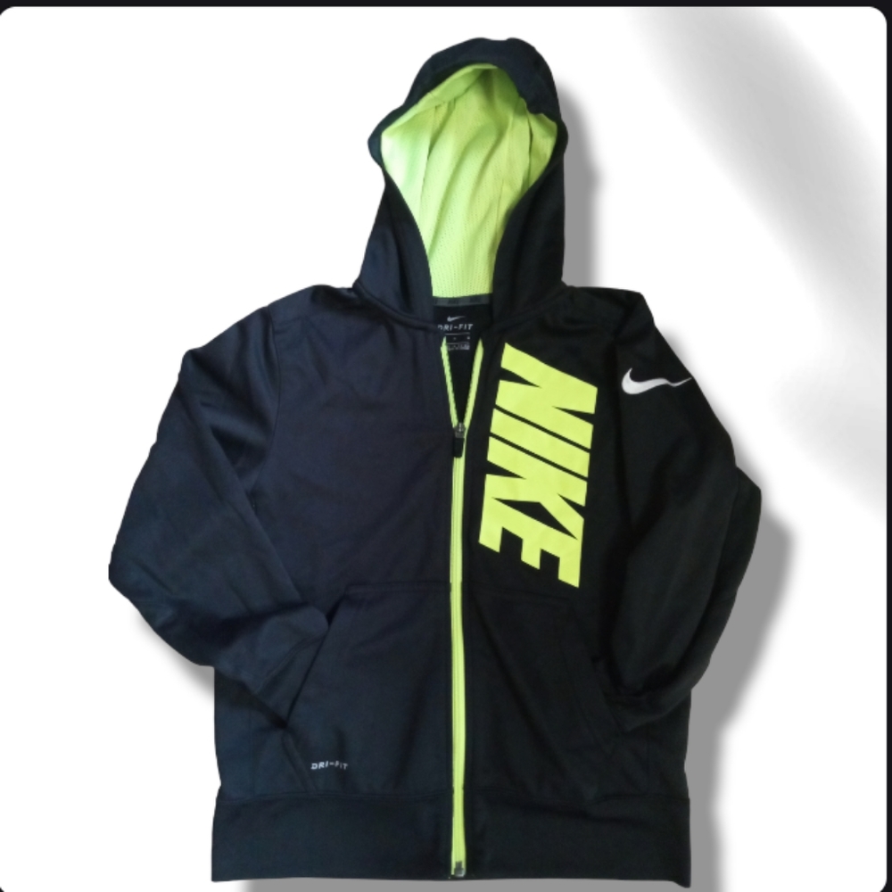 Nike Dri Fit High Performance Black & Neon Full Zip Up Youth Hoodie in Sz Med